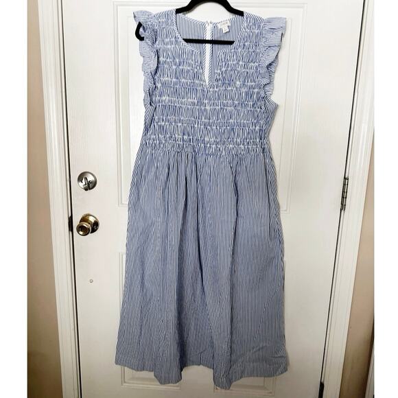 J. Crew Dress Womens Large Smocked Flutter-Sleeve Midi Blue White Womens Resort - Picture 2 of 8